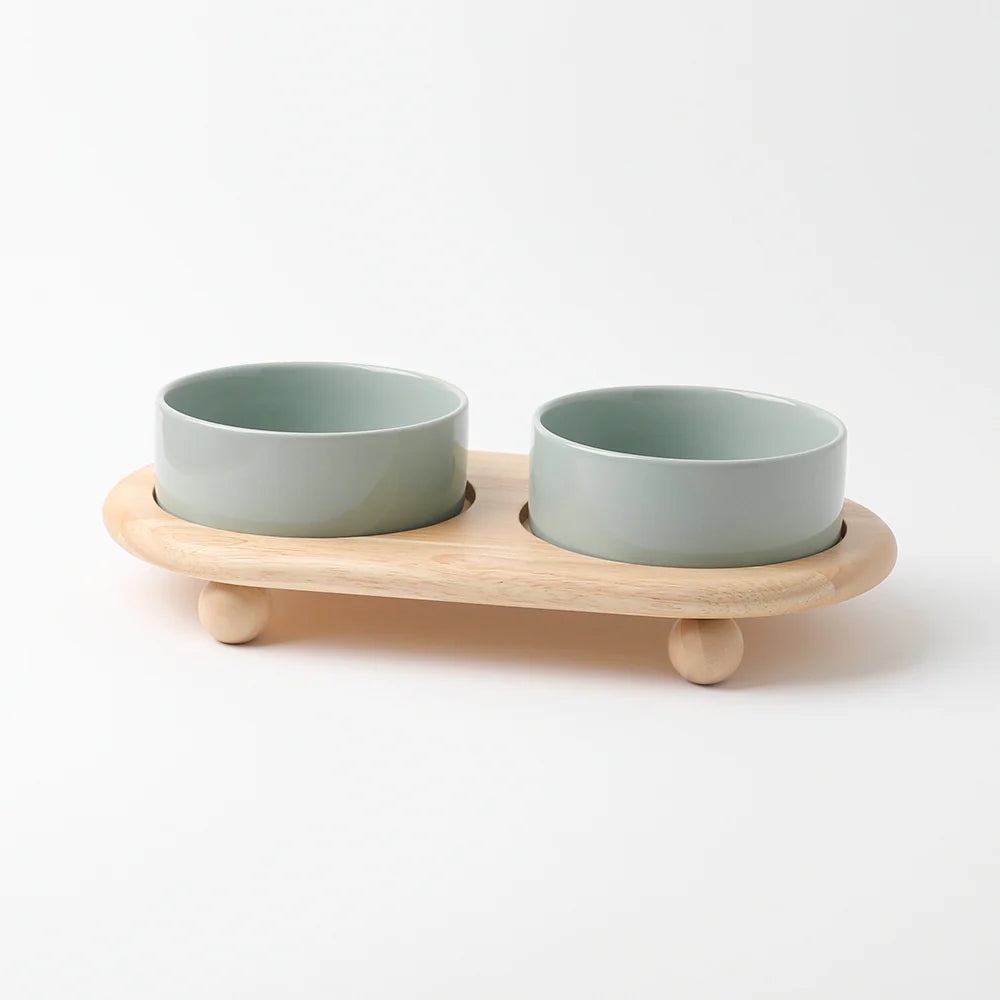圓角木腳陶瓷寵物餐碗
